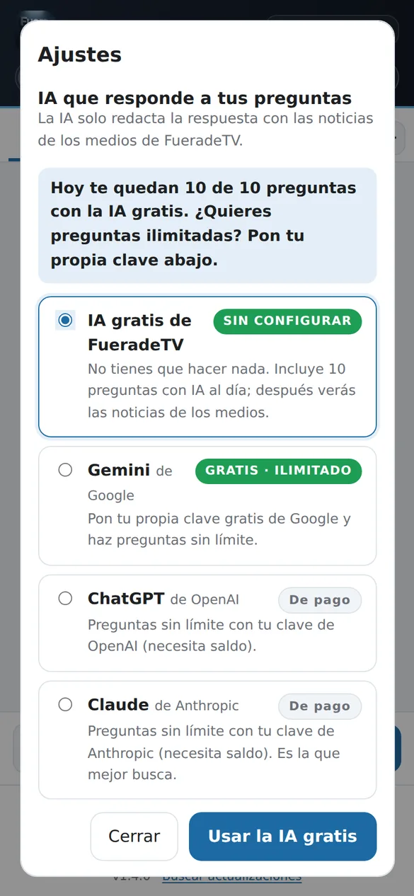 Ajustes de FueradeTV IA en el móvil
