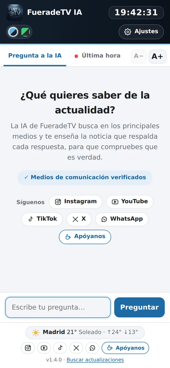 Pantalla de inicio de FueradeTV IA en el móvil